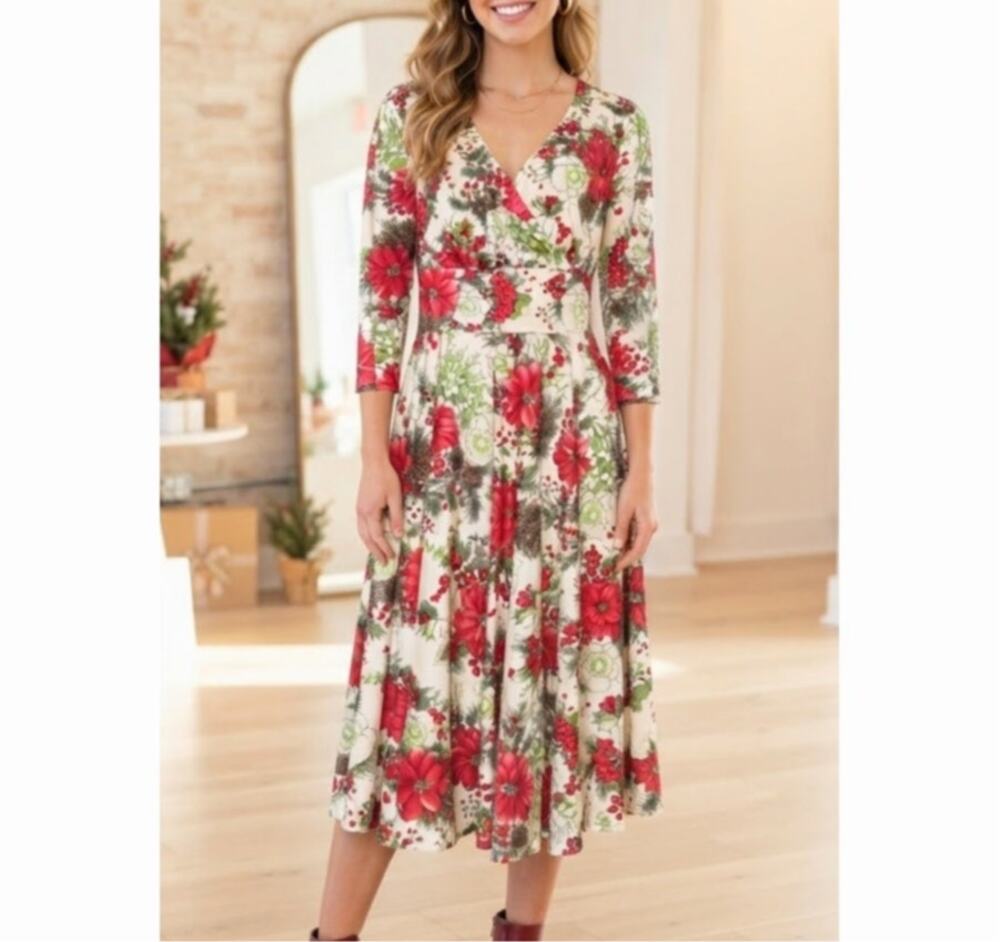 Adorable Hell Bunny Christmas Holiday Dress with Pointsetta and Holly Motif